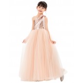 Rose Gold / Blush Sparkle Sequin One Shoulder Flower Girl Dress Seq2