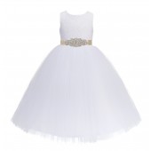 R3 White / Champagne Floral Lace Heart Cutout Flower Girl Dress 172R3