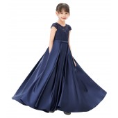 Navy Blue Lace Flower Girl Dress Illusion Lace Dress Cap Sleeves L246