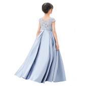 Dusty Blue Lace Flower Girl Dress Illusion Lace Dress Cap Sleeves L246