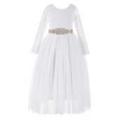 White / Champagne A-Line V-Back Lace Flower Girl Dress with Sleeves 290R