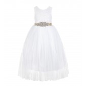 White / Champagne Scalloped V-Back Lace White Flower Girl Dress 207R3