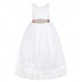 White / Rose Gold Scalloped V-Back Lace White Flower Girl Dress 207R3