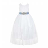 White / Dusty Blue Scalloped V-Back Lace White Flower Girl Dress 207R3