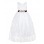 White / Burgundy Scalloped V-Back Lace White Flower Girl Dress 207R3