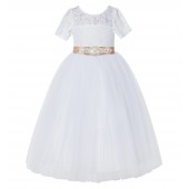White / Rose Gold Floral Lace Flower Girl Dress Vintage Dress LG2