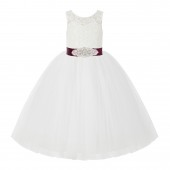 Ivory / Burgundy V-Back Lace Flower Girl Dress Lace Tutu Dress 212R3