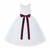 White / Burgundy V-Back Lace Flower Girl Dress Lace Tutu Dress 212R3