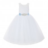 White / Dusty Blue V-Back Lace Flower Girl Dress Lace Tutu Dress 212R3