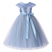 Dusty Blue Cap Sleeves Sequin Flower Girl Dress 211