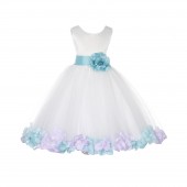 Ivory/Tiffany-Lilac Tulle Mixed Rose Petals Flower Girl Dress 302T