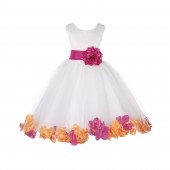 Ivory/Fuchsia-Orange Tulle Mixed Rose Petals Flower Girl Dress 302T