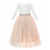 Blush Pink A-Line V-Back Lace Flower Girl Dress with Sleeves 290R