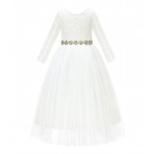 ivory A-Line V-Back Lace Flower Girl Dress with Sleeves 290R