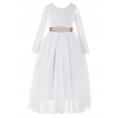 White / Rose Gold A-Line V-Back Lace Flower Girl Dress with Sleeves 290R