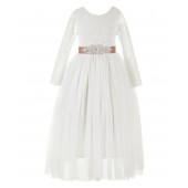 Ivory / Rose Gold A-Line V-Back Lace Flower Girl Dress with Sleeves 290R