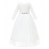 White A-Line V-Back Lace Flower Girl Dress with Sleeves 290R