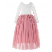 Dusty Rose  A-Line V-Back Lace Flower Girl Dress with Sleeves 290R