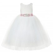 Ivory / Mauve Floral Lace Flower Girl Dress Ivory Ball Gown Lg7