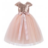 Rose Gold / Blush Pink Cap Sleeves Sequin Flower Girl Dress 211