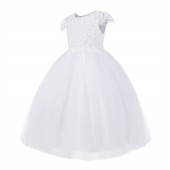 White Floral Lace Flower Girl Dress Cap Sleeves 214