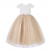 Champagne Floral Lace Flower Girl Dress Cap Sleeves 214