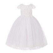 Ivory Floral Lace Flower Girl Dress Cap Sleeves 214