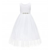 White Scalloped V-Back Lace A-Line Flower Girl Dress 207R4