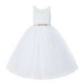 White / Blush Pink V-Back Lace Flower Girl Dress Lace Tutu Dress 212R4