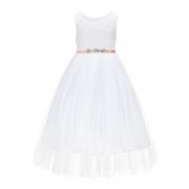 White / Rose Gold Scalloped V-Back Lace A-Line Flower Girl Dress 207R4