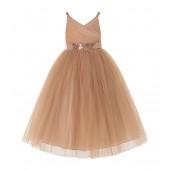 Rose Gold V-Neck Tulle Flower Girl Dress with Sequins 218