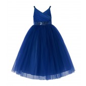 Navy Blue V-Neck Tulle Flower Girl Dress with Sequins 218