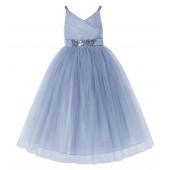 Dusty Blue V-Neck Tulle Flower Girl Dress with Sequins 218