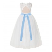 Ivory / Dusty Blue Tulle A-Line Lace Flower Girl Dress 178