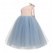 Blush / Dusty Blue One-Shoulder Sequins Tutu Flower Girl Dress 182