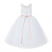 White / Blush Pink V-Back Lace Flower Girl Dress Lace Tutu Dress 212R2