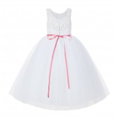 White / Dusty Rose V-Back Lace Flower Girl Dress Lace Tutu Dress 212R4