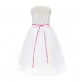 White / Dusty Rose Scalloped V-Back Lace A-Line Flower Girl Dress 207R4