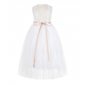 White / Blush PInk Scalloped V-Back Lace A-Line Flower Girl Dress 207R2