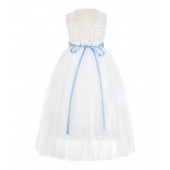 White / Dusty Blue Scalloped V-Back Lace A-Line Flower Girl Dress 207R2