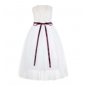 White / Burgundy Scalloped V-Back Lace A-Line Flower Girl Dress 207R2