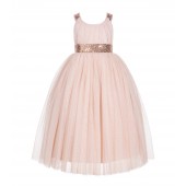 Rose Gold / Blush Pink Sequin Tulle Dress Crossed Straps A-Line Flower Girl Dress 173
