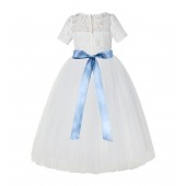 Ivory / Dusty Blue Floral Lace Flower Girl Dress with Sleeves LG2
