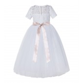 White / Blush Pink Floral Lace Flower Girl Dress with Sleeves LG2