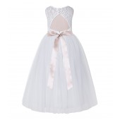 White / Blush Pink Tulle A-Line Lace Flower Girl Dress 178