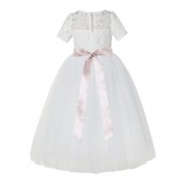 Ivory / Blush Pink Floral Lace Flower Girl Dress with Sleeves LG2