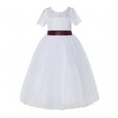 White / Burgundy Floral Lace Flower Girl Dress with Sleeves LG2