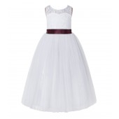 White / Burgundy Tulle A-Line Lace Flower Girl Dress 178