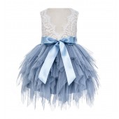 Dusty Blue Tiered Tulle Flower Girl Dress Lace Back Dress LG6