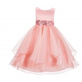 Peach Asymmetric Ruffled Organza Sequin Flower Girl Dress 012S